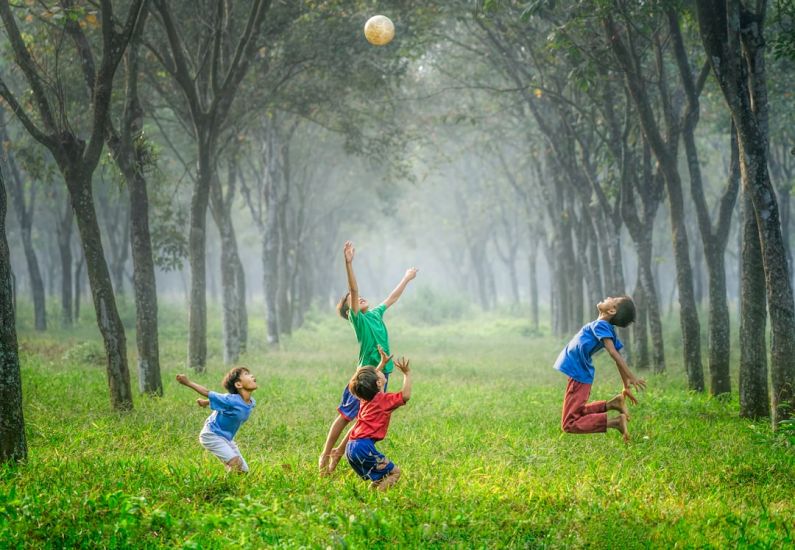 Family Fun - four boy playing ball on green grass