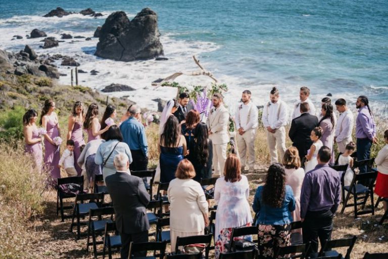 Ranch Wedding - people sitting on brown wooden chairs near sea during daytime